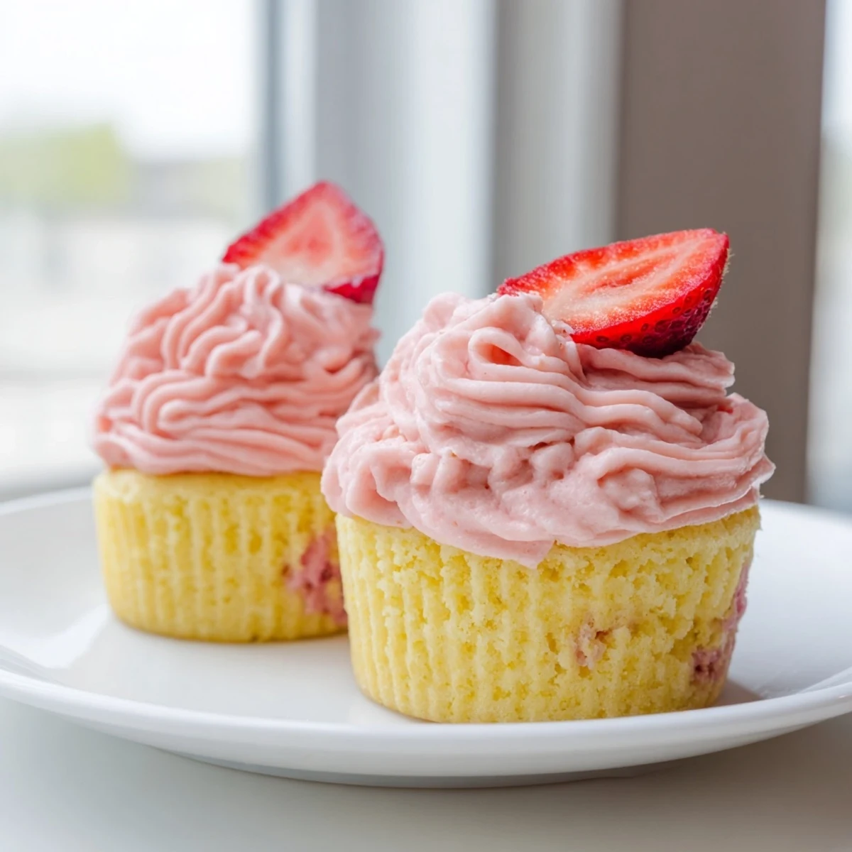 Fresh strawberry lemonade cupcakes with zesty lemon flavor and smooth swirled buttercream topping