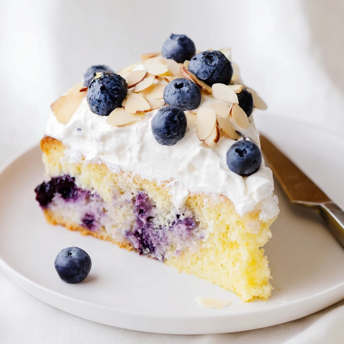 Golden slice of lemon blueberry poke cake topped with fluffy whipped cream and toasted almond crunch