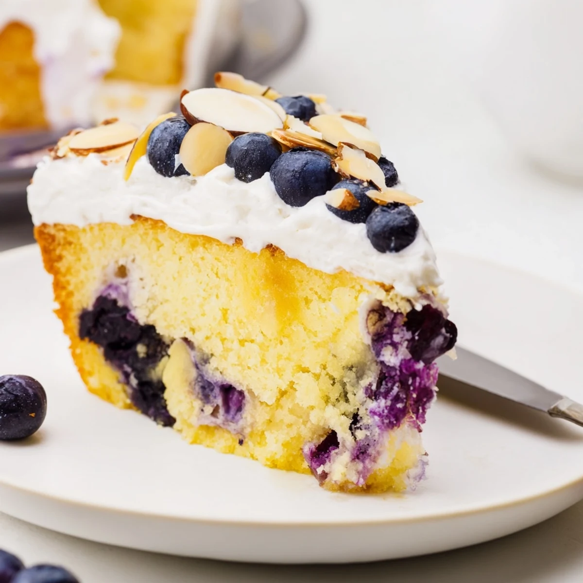 Moist lemon cake dotted with blueberries soaked in tangy syrup beneath creamy frosting and almonds