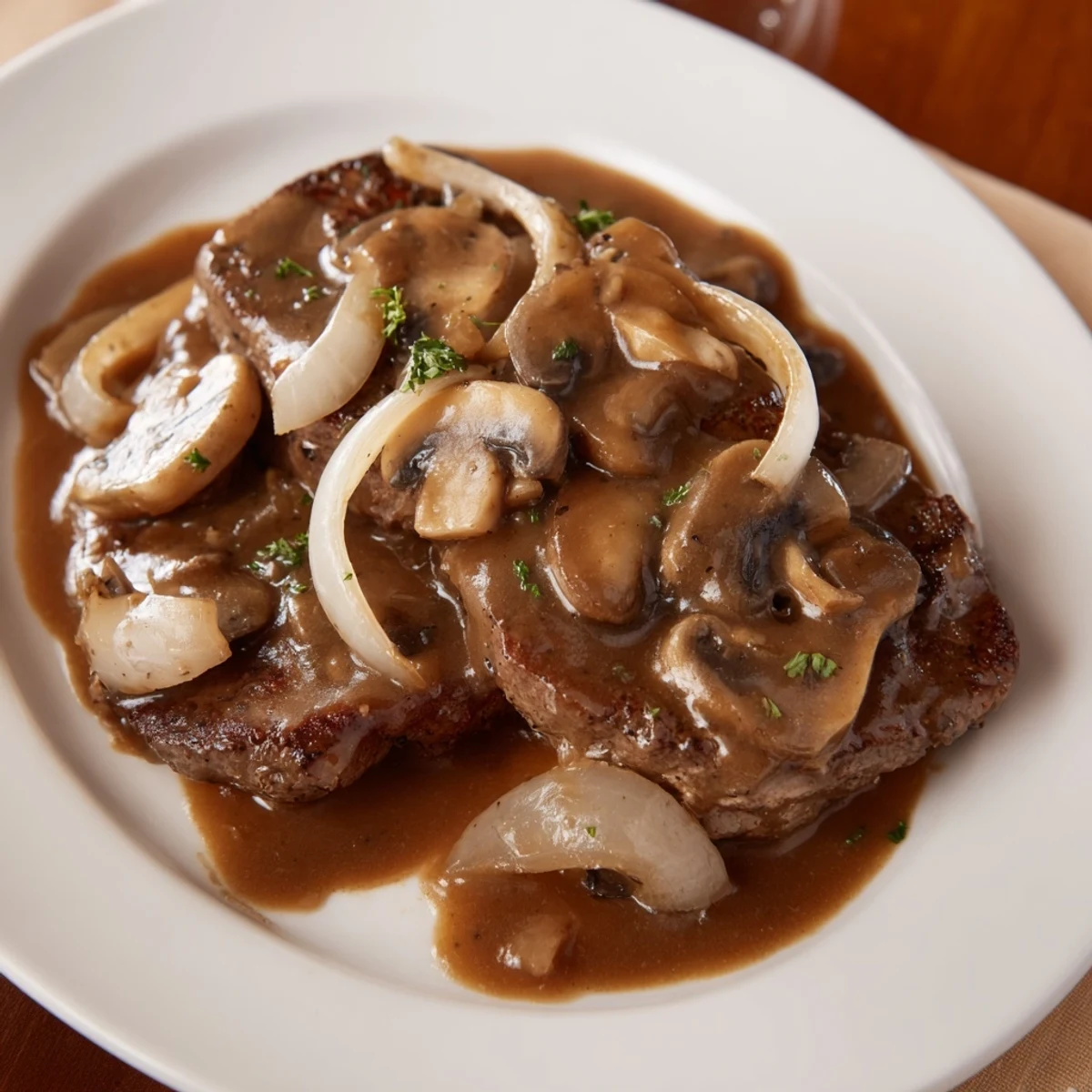 Golden brown Country Style Smothered Cube Steak simmered in rich onion mushroom gravy
