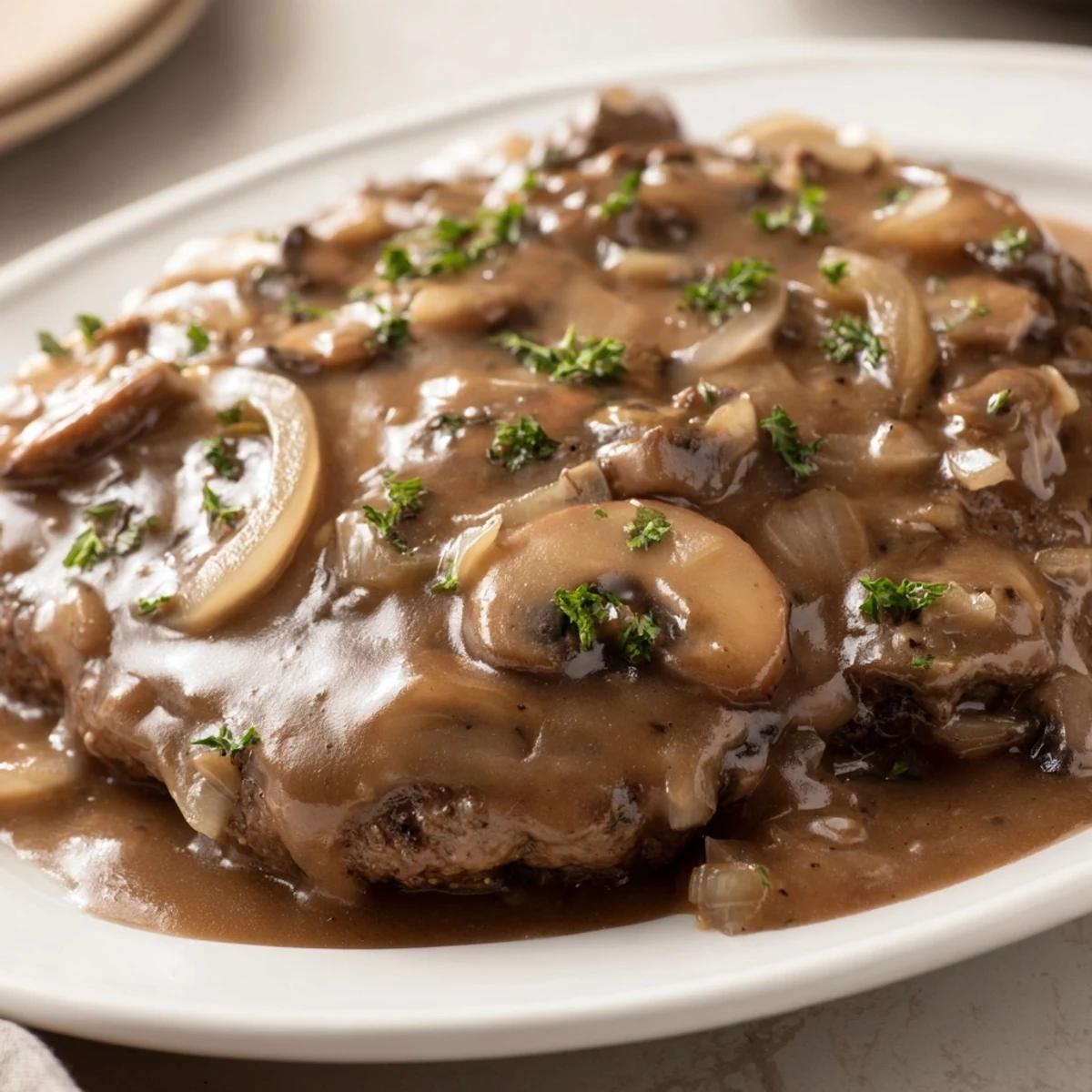 Fork-tender cube steaks nestled in thick brown gravy with sautéed onions and mushrooms