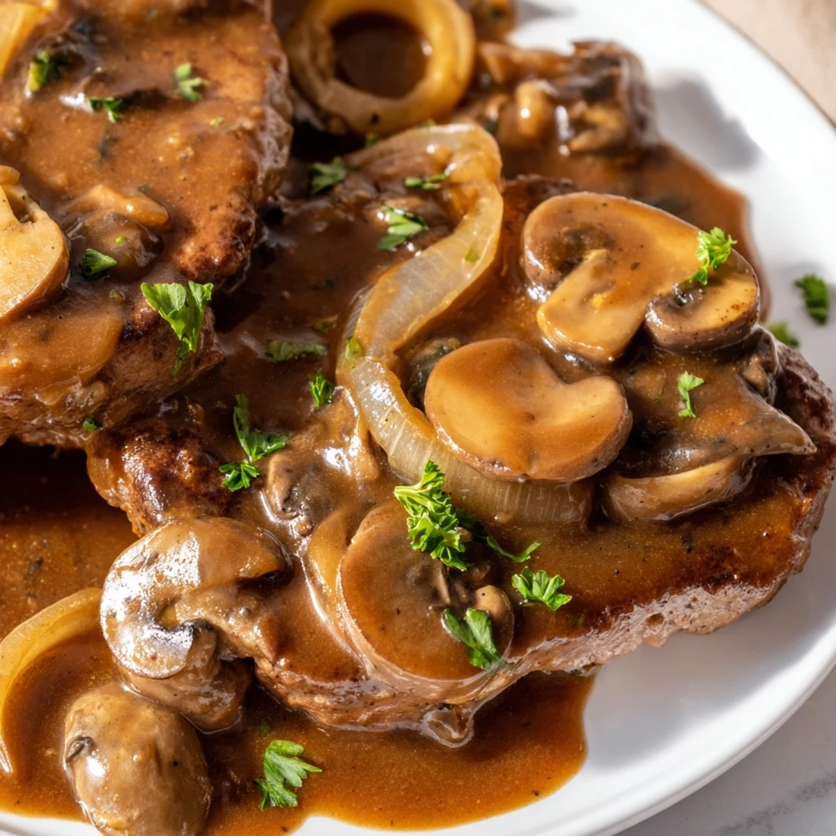 Tender beef cube steaks smothered in creamy Southern gravy with fresh parsley garnish