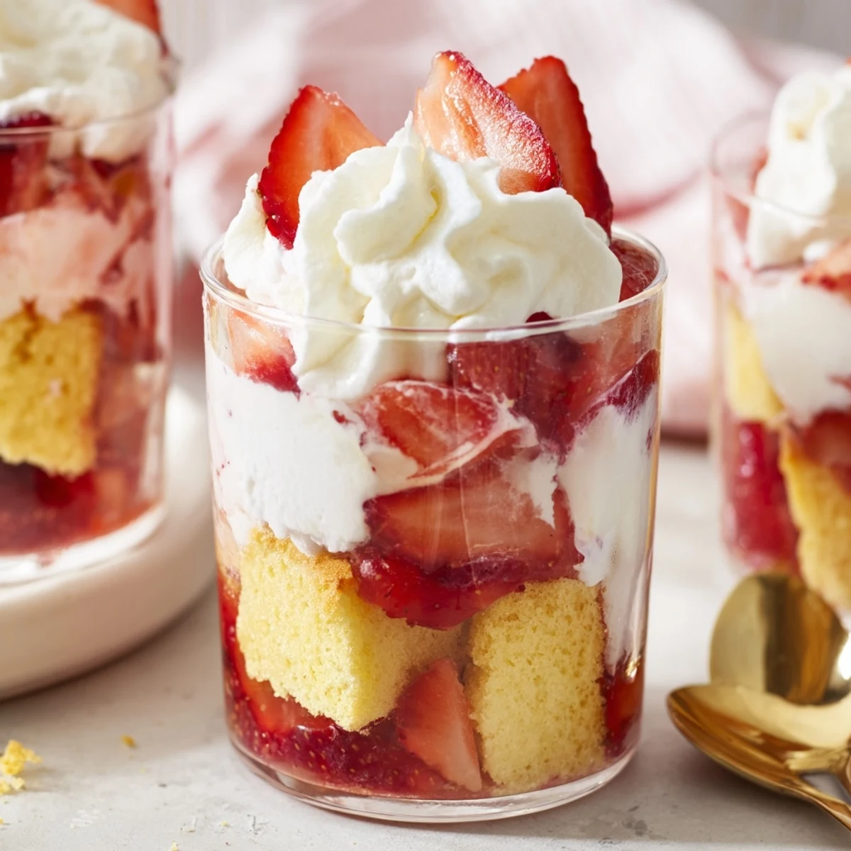 Golden strawberry shortcake trifles layered with juicy red berries and fluffy white whipped cream in clear glass glasses