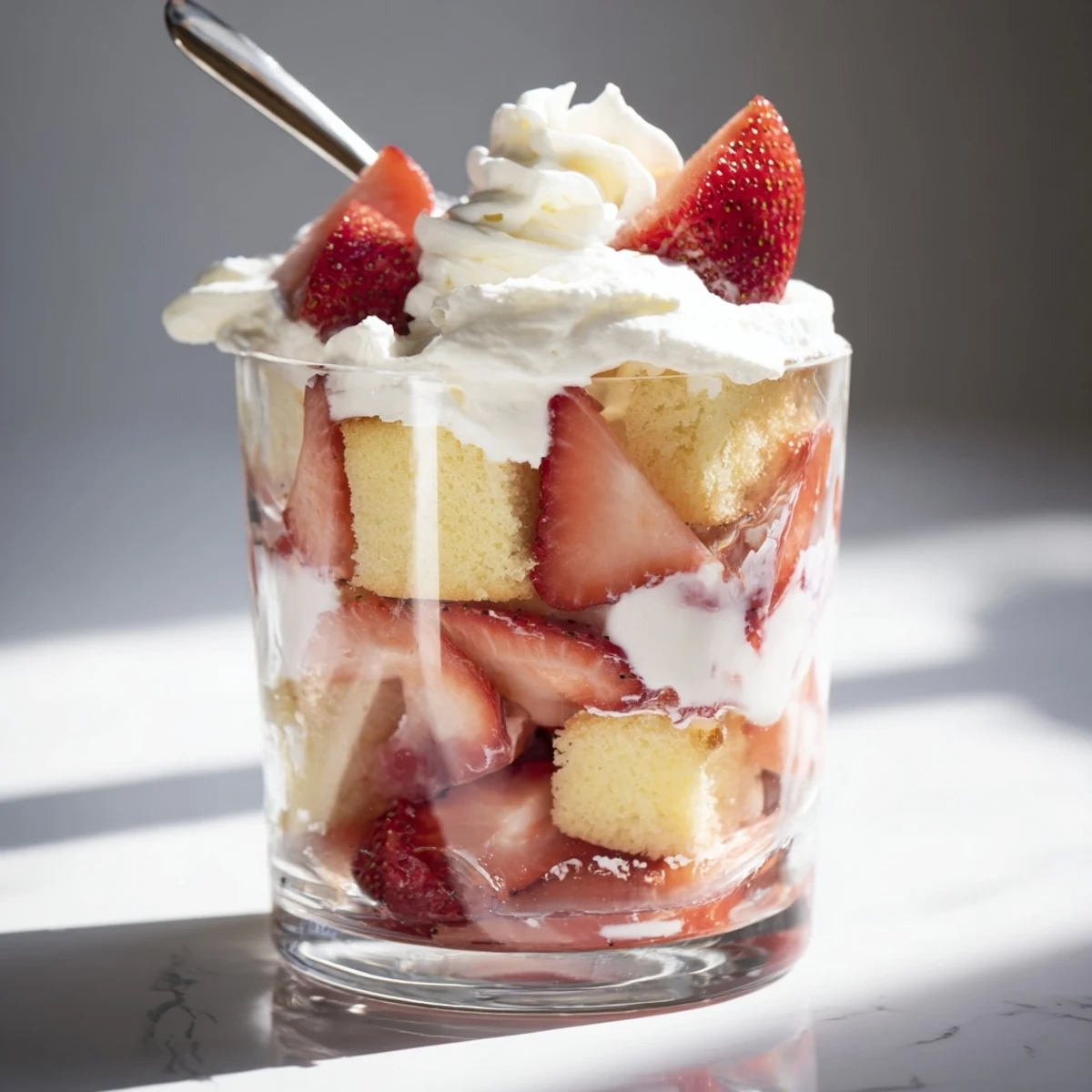 Individual strawberry shortcake trifles showcasing cube shortcake pieces fresh strawberries and vanilla cream topped with berry garnish