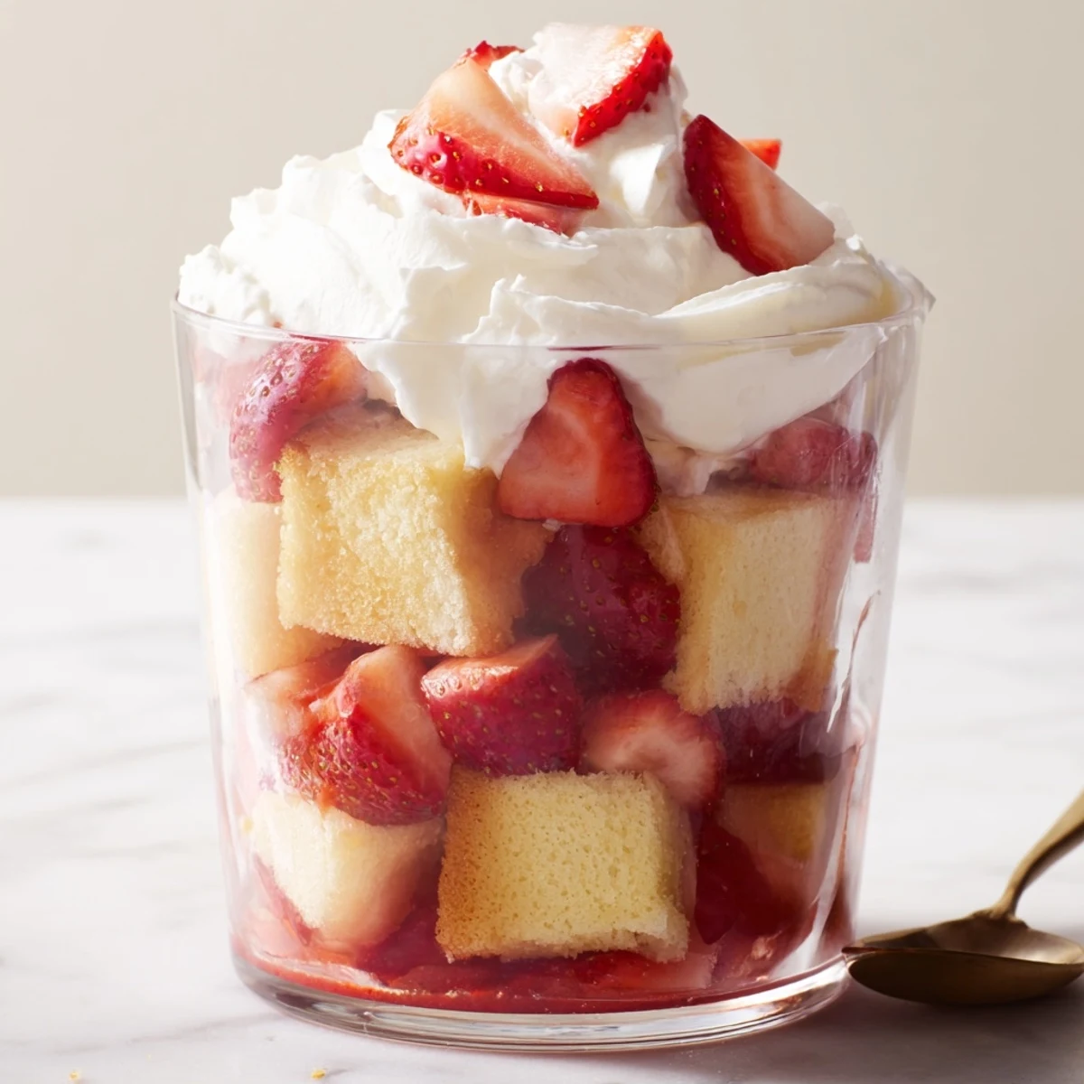 Elegant strawberry shortcake trifles with tender cake chunks macerated strawberries billowy whipped cream served in dessert glasses