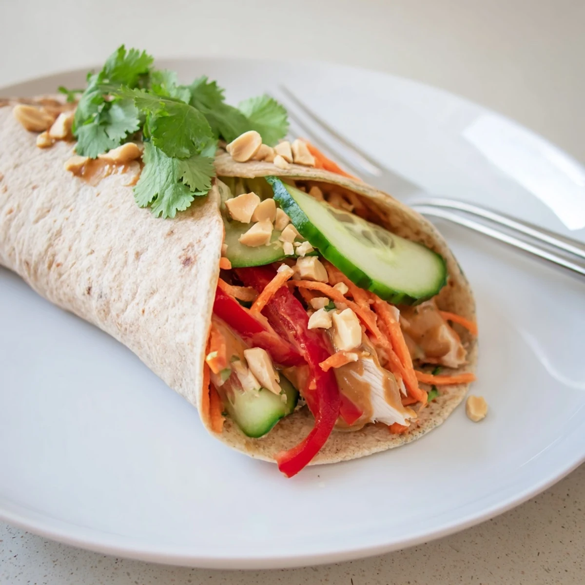 Fresh Thai peanut chicken wraps filled with crisp vegetables and creamy peanut sauce in flour tortillas