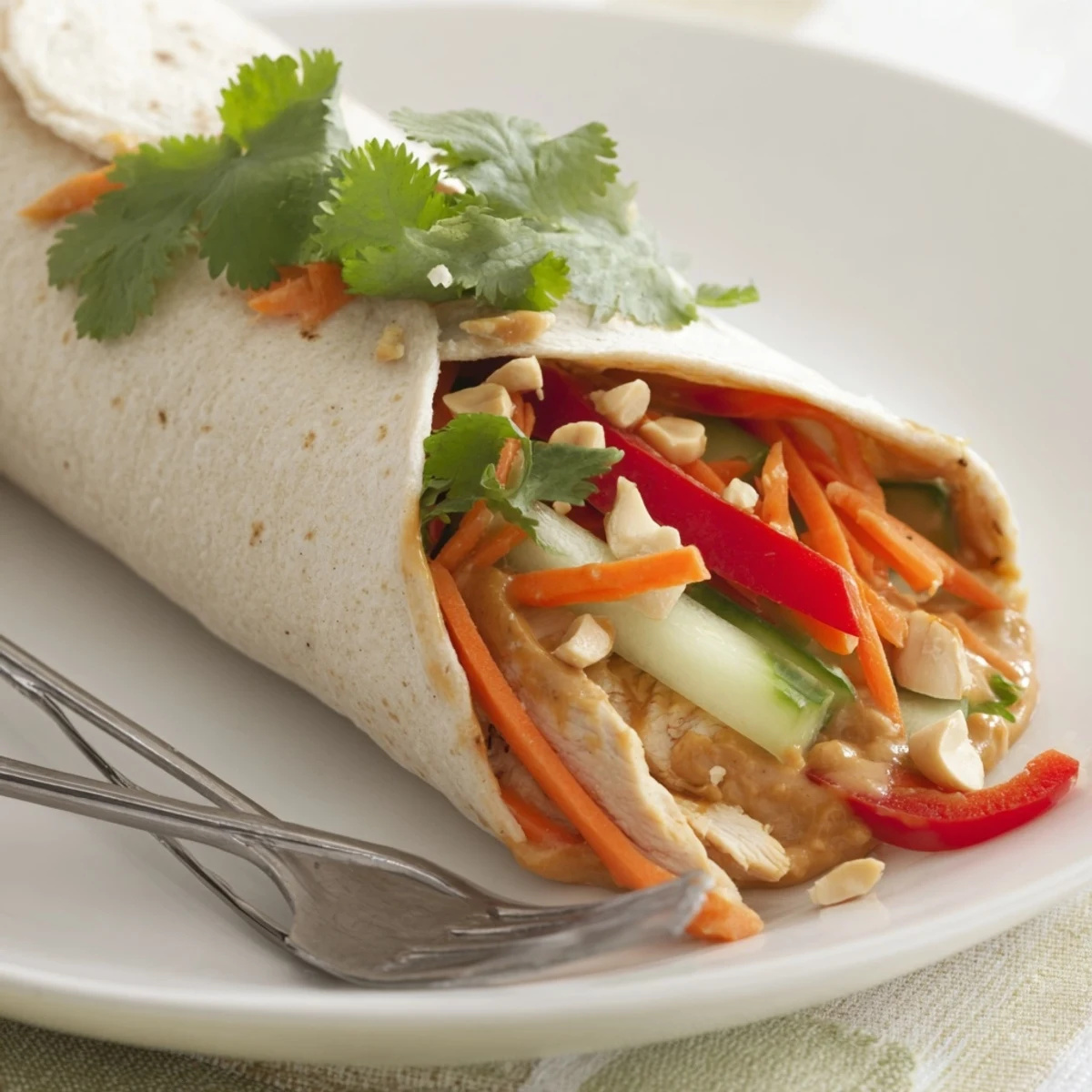 Rolled Thai peanut chicken wraps showcasing tender chicken strips, crunchy veggies, and drizzled peanut sauce
