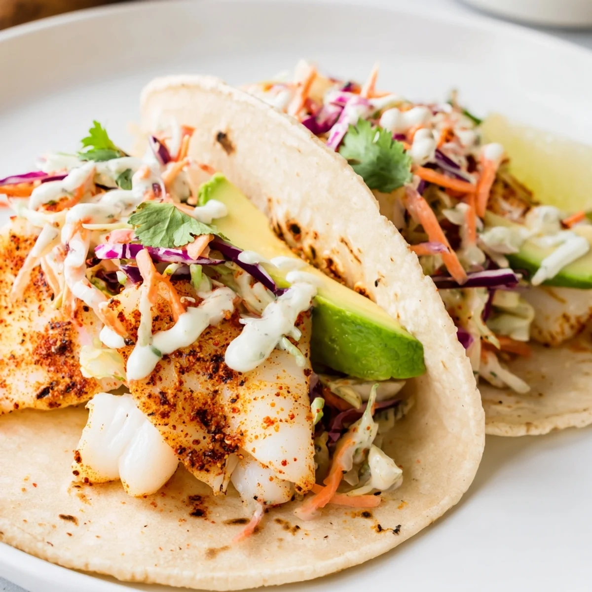 Golden baked cod fish tacos piled with crunchy purple cabbage slaw and creamy lime crema drizzle