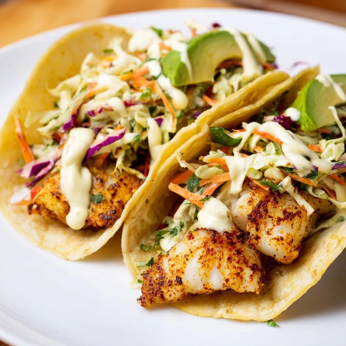Warm corn tortillas stuffed with flaky seasoned baked cod fish tacos topped with fresh cilantro