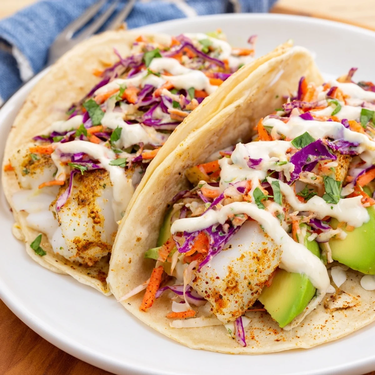 Close-up of baked cod fish tacos with zesty lime crema and crisp shredded vegetable slaw