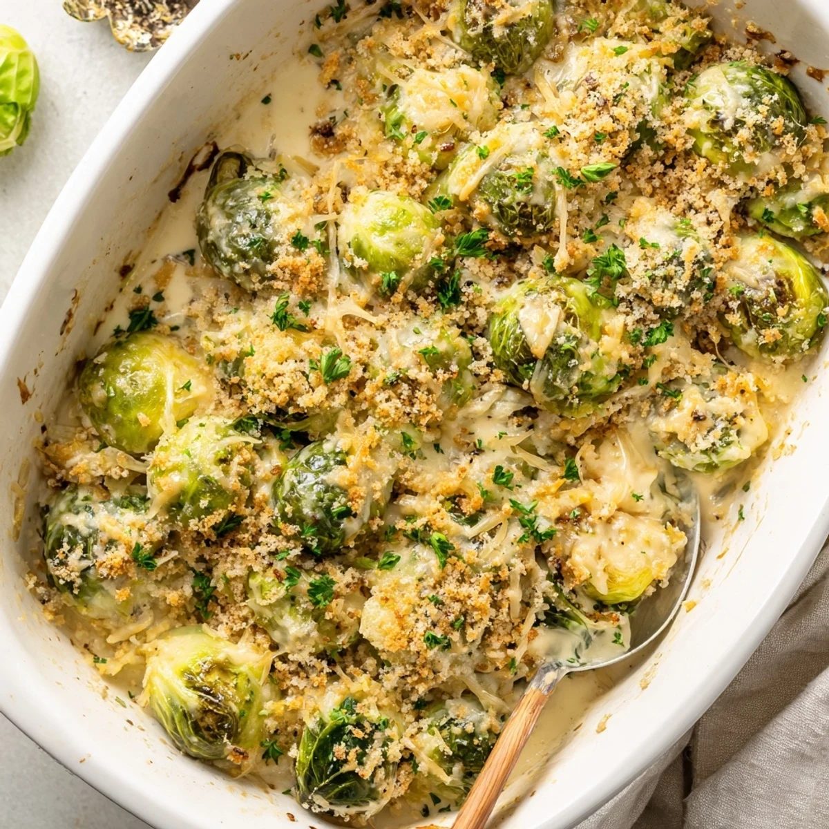 Tender halved Brussels sprouts baked in rich white cheese sauce with melted mozzarella and grated Parmesan