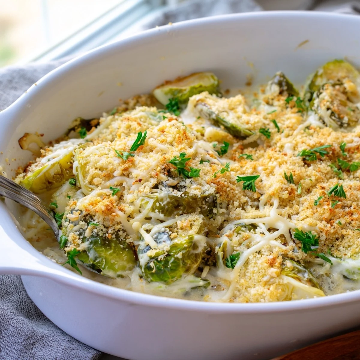 Golden bubbly creamy Parmesan Brussels sprouts casserole topped with crispy breadcrumbs and fresh parsley