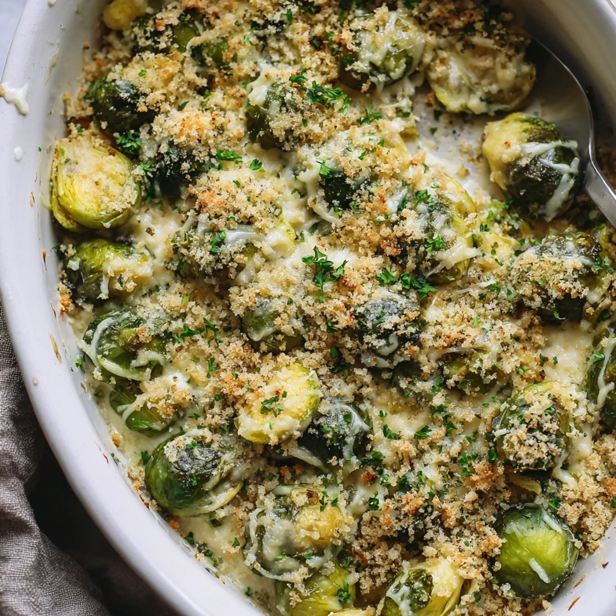 Oven-baked Brussels sprouts casserole with velvety cream sauce and golden brown cheesy panko topping