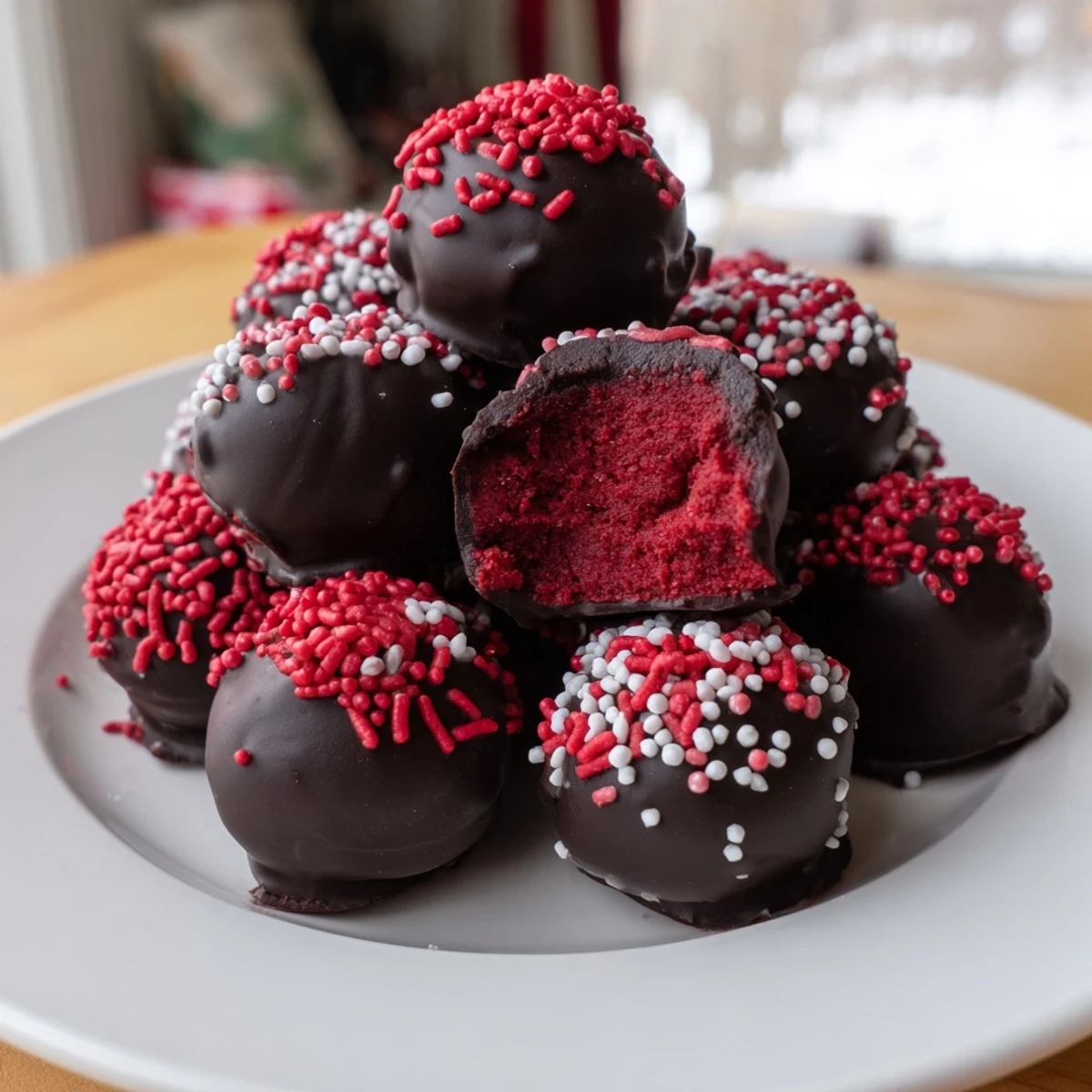 Bite-sized red velvet cheesecake balls coated in glossy dark chocolate with colorful sprinkles