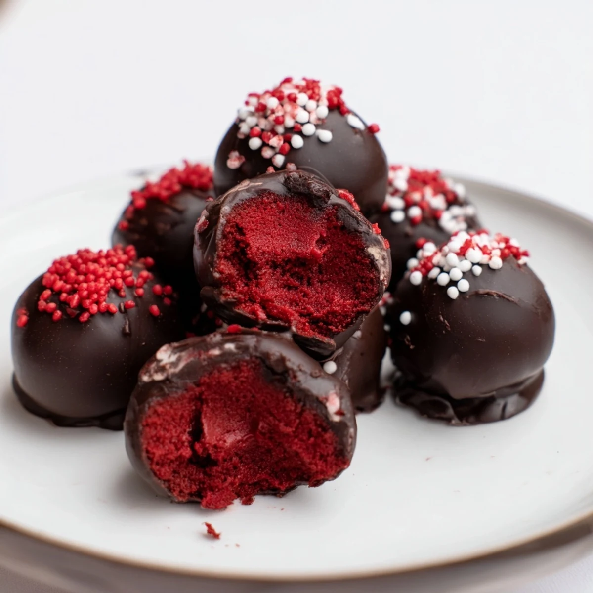 Decadent red velvet cheesecake balls on a white serving plate with festive red toppings