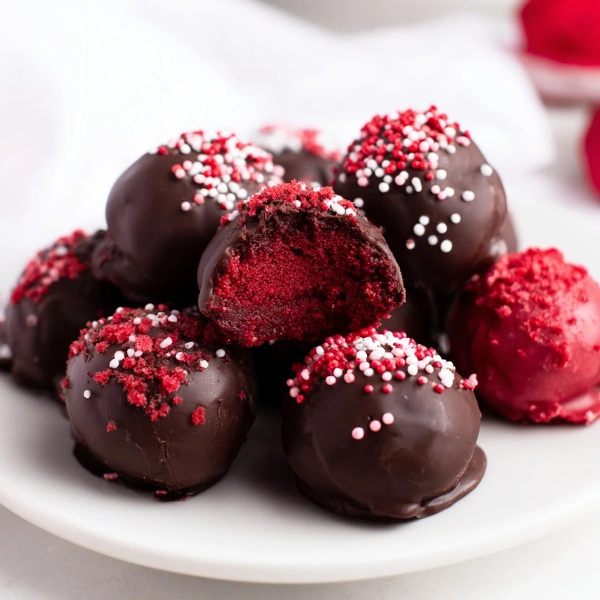 Creamy red velvet cheesecake balls drizzled with white chocolate and red velvet crumbs