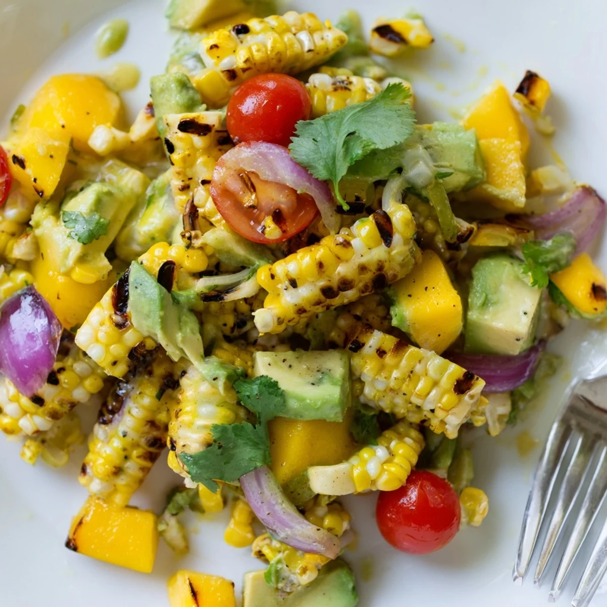 Colorful tropical charred corn and avocado salad bowl with fresh mango, pineapple, and lime dressing drizzled over vibrant summer vegetables