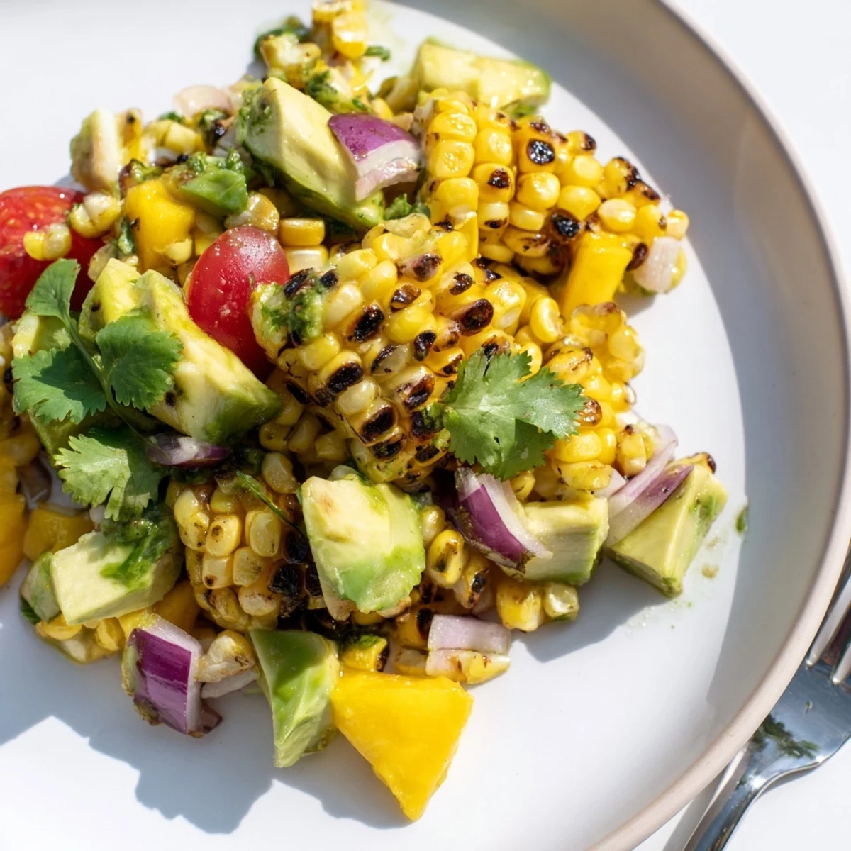 Grilled corn kernels tossed with creamy avocado cubes, sweet tropical fruits, and cherry tomatoes in a zesty lime cumin dressing
