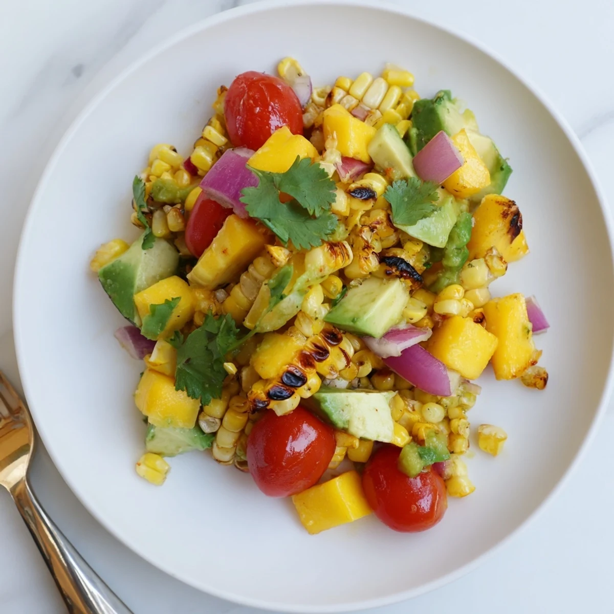 Summer side dish featuring charred sweet corn, ripe avocado, pineapple chunks, and red onion in a citrusy white bowl for outdoor gatherings
