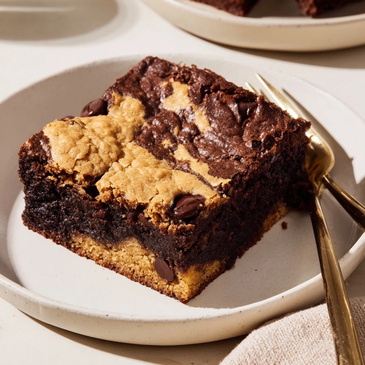 Freshly baked fudgy chewy brookies with golden edges and melty chocolate chips on top