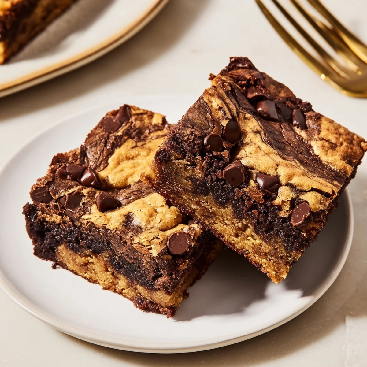 Square slice of fudgy chewy brookies showing the layered brownie and cookie dough marbled together