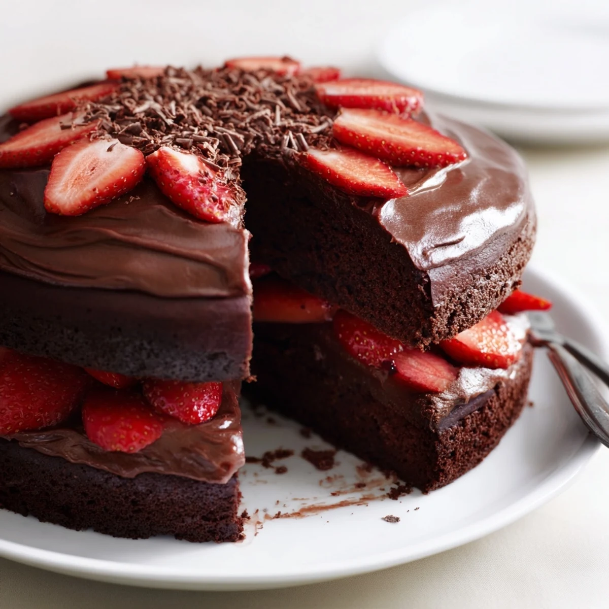 Strawberry Chocolate Cake with glossy ganache and fresh strawberries, ready to slice
