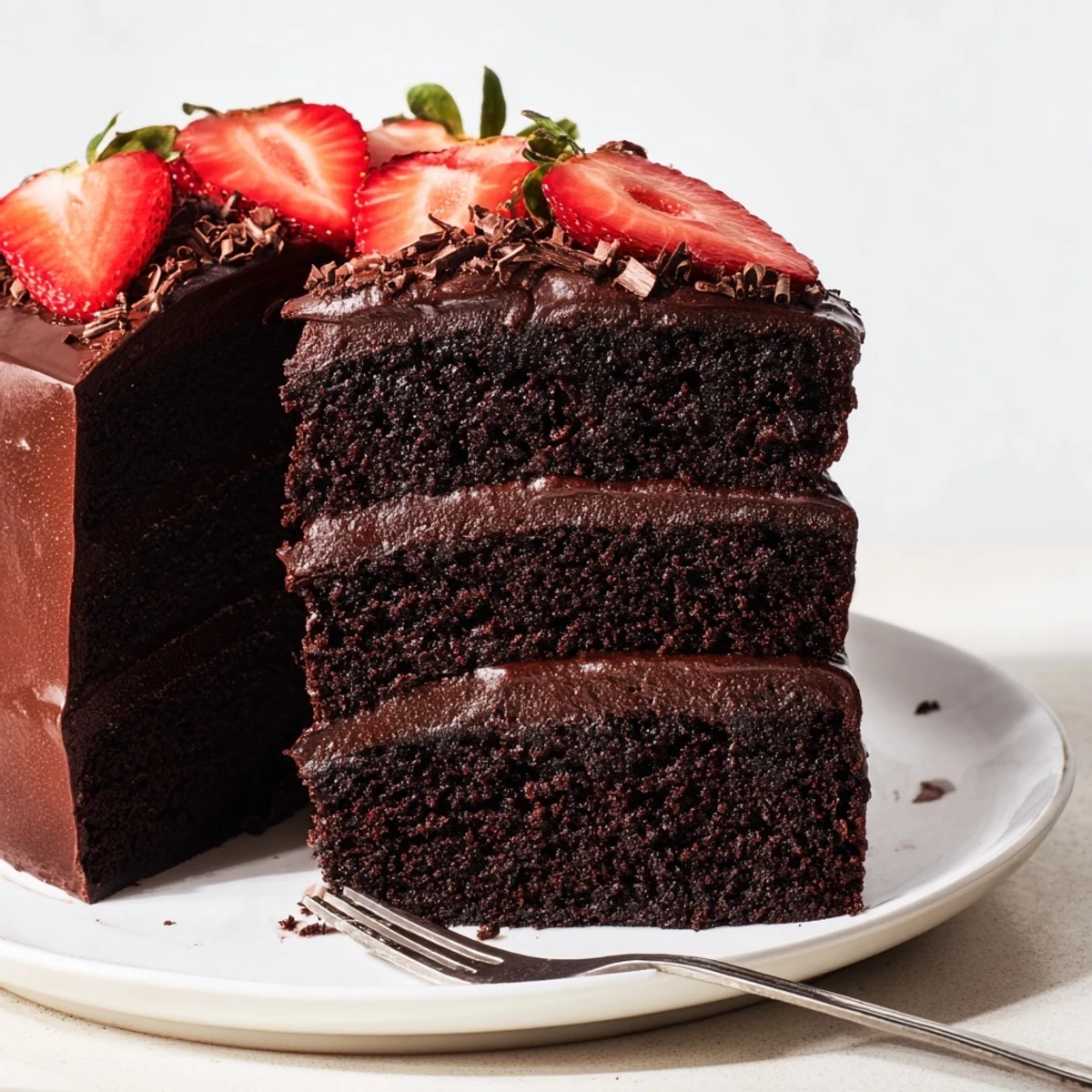 A slice of Strawberry Chocolate Cake showing moist crumb and ruby strawberries