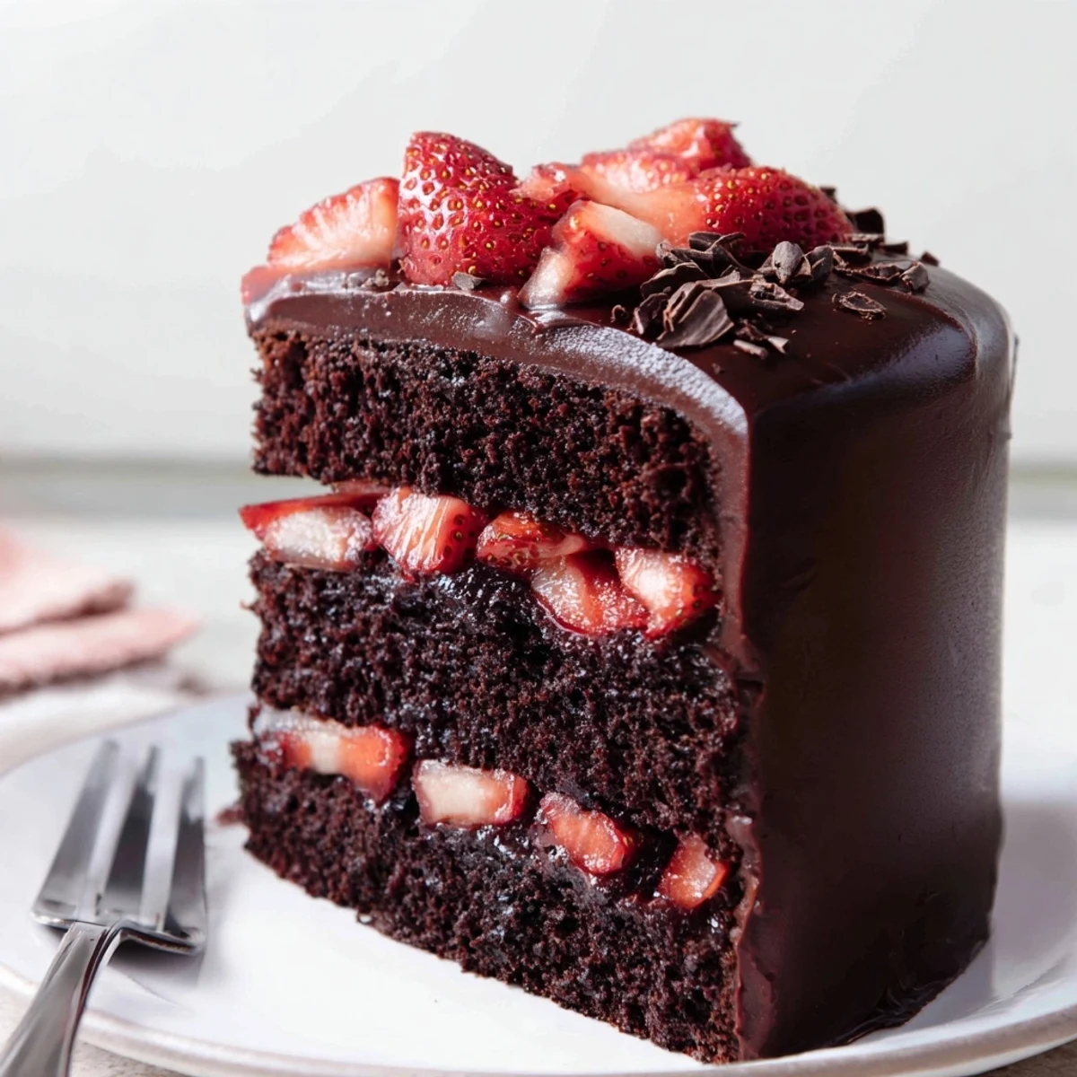 Plated Strawberry Chocolate Cake garnished with halved berries and chocolate shavings