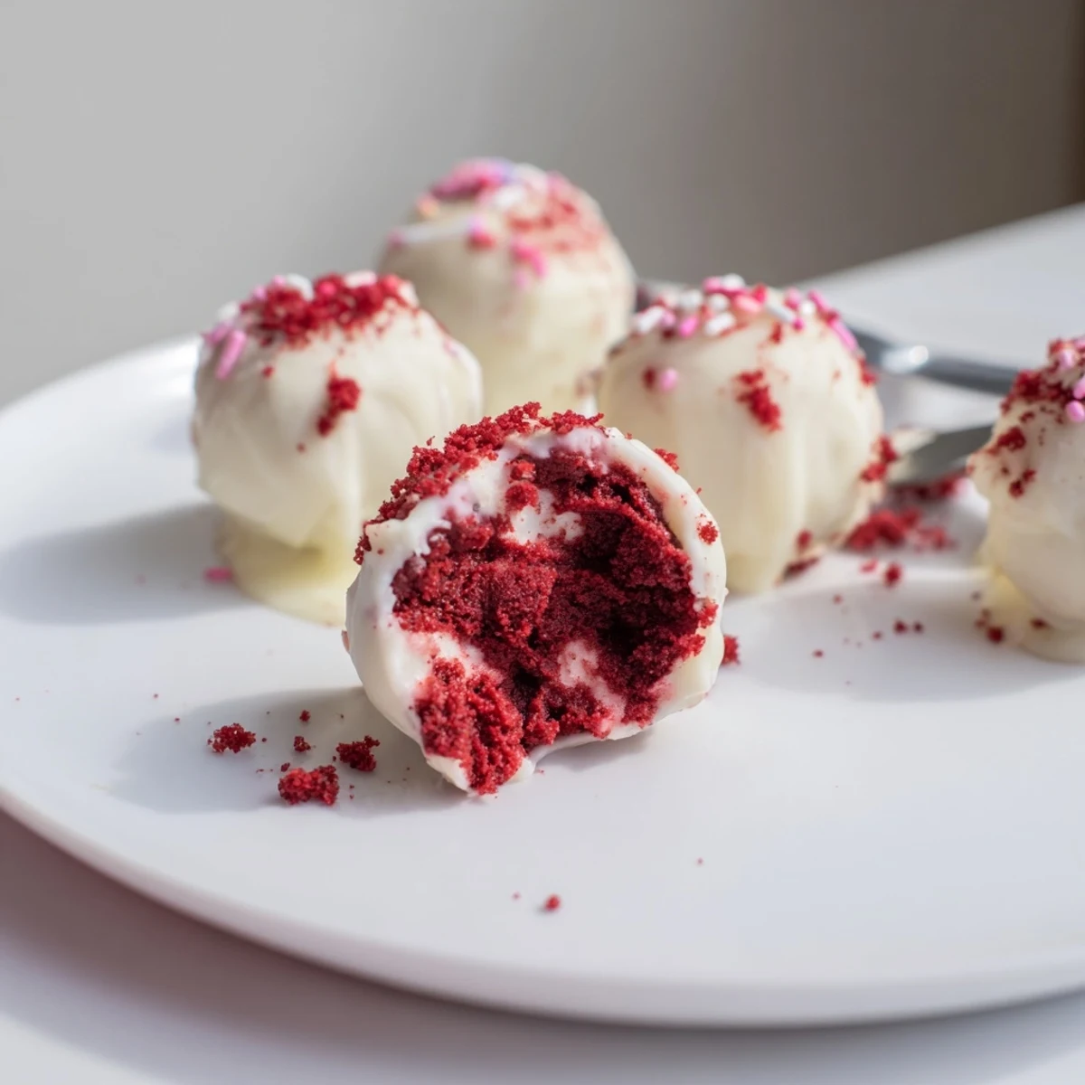 Red Velvet Cheesecake Balls with glossy white chocolate coating and red crumb garnish.