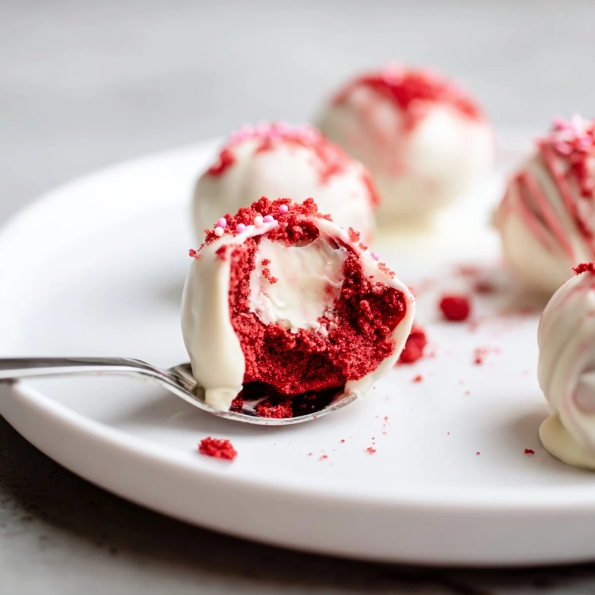 Bite-sized Red Velvet Cheesecake Balls chilling on parchment, ready for dipping.