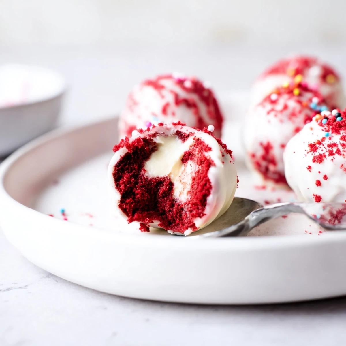 Creamy Red Velvet Cheesecake Balls served on party platter with colorful sprinkles.