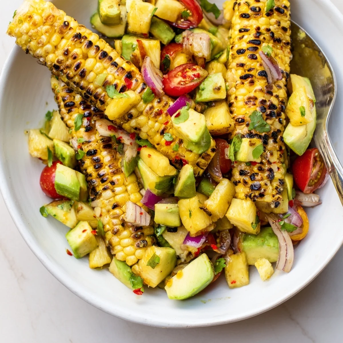 Tropical Charred Corn And Avocado Salad in a wooden bowl, bright citrus.
