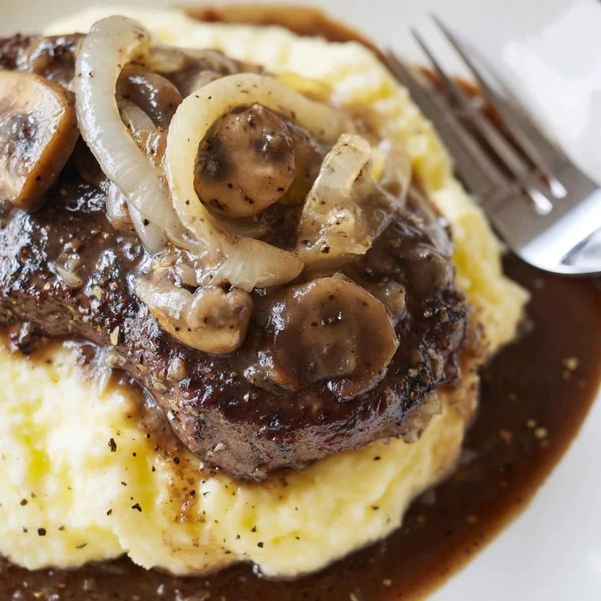 Country Style Smothered Cube Steak Recipe with tender steaks in savory onion mushroom gravy