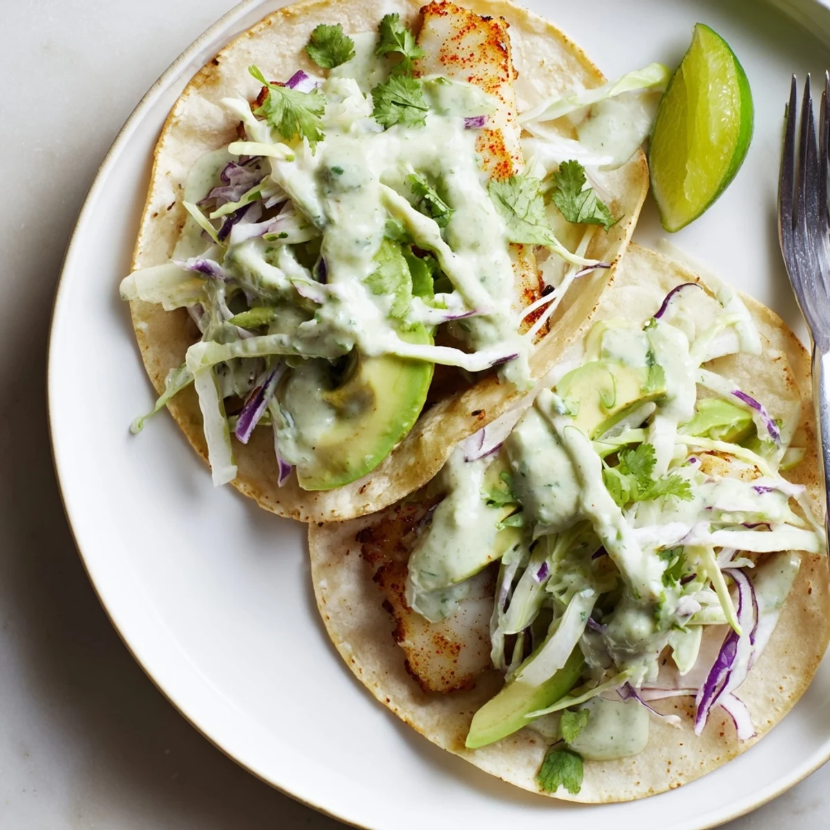 Warm Baked Cod Fish Tacos with Creamy Cilantro Lime Sauce on corn tortillas