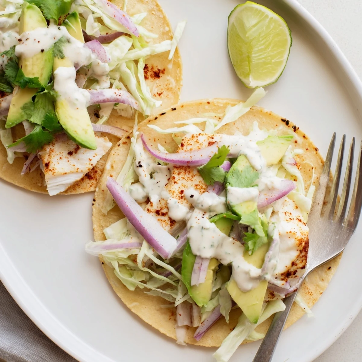 Baked Cod Fish Tacos with Creamy Cilantro Lime Sauce served with avocado and lime