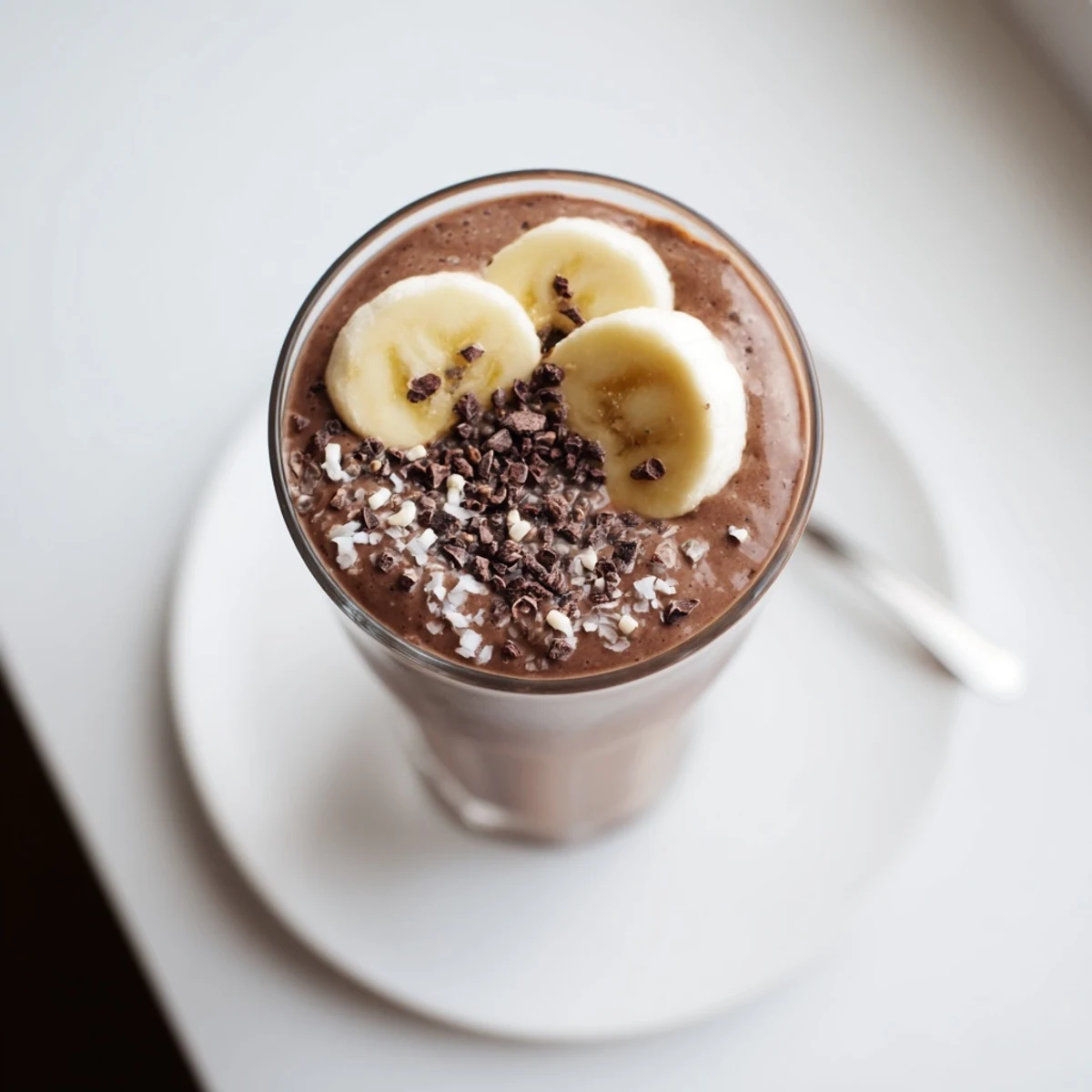Velvety Raw Chocolate Banana Shake chilled for breakfast, garnished with cacao nibs
