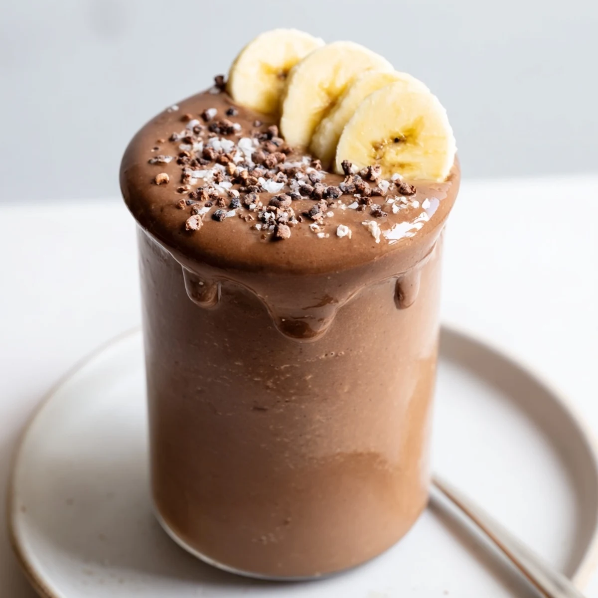 Creamy Raw Chocolate Banana Shake in glasses, topped with sliced banana