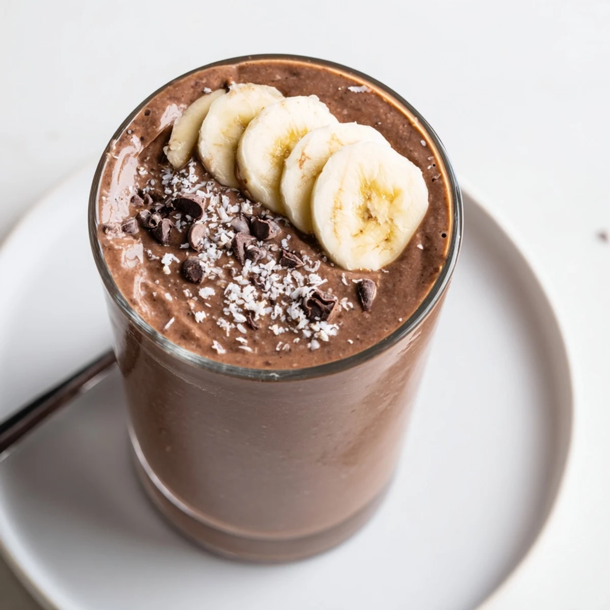 Thick Raw Chocolate Banana Shake poured from blender, fragrant with ripe banana