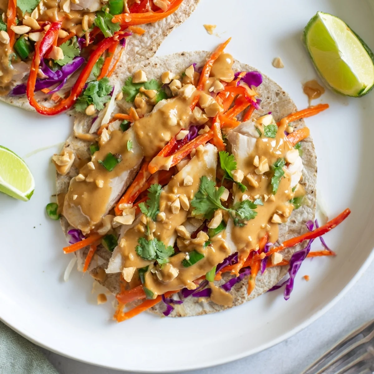 Thai Peanut Chicken Wraps with creamy sauce, crisp vegetables, sliced and ready
