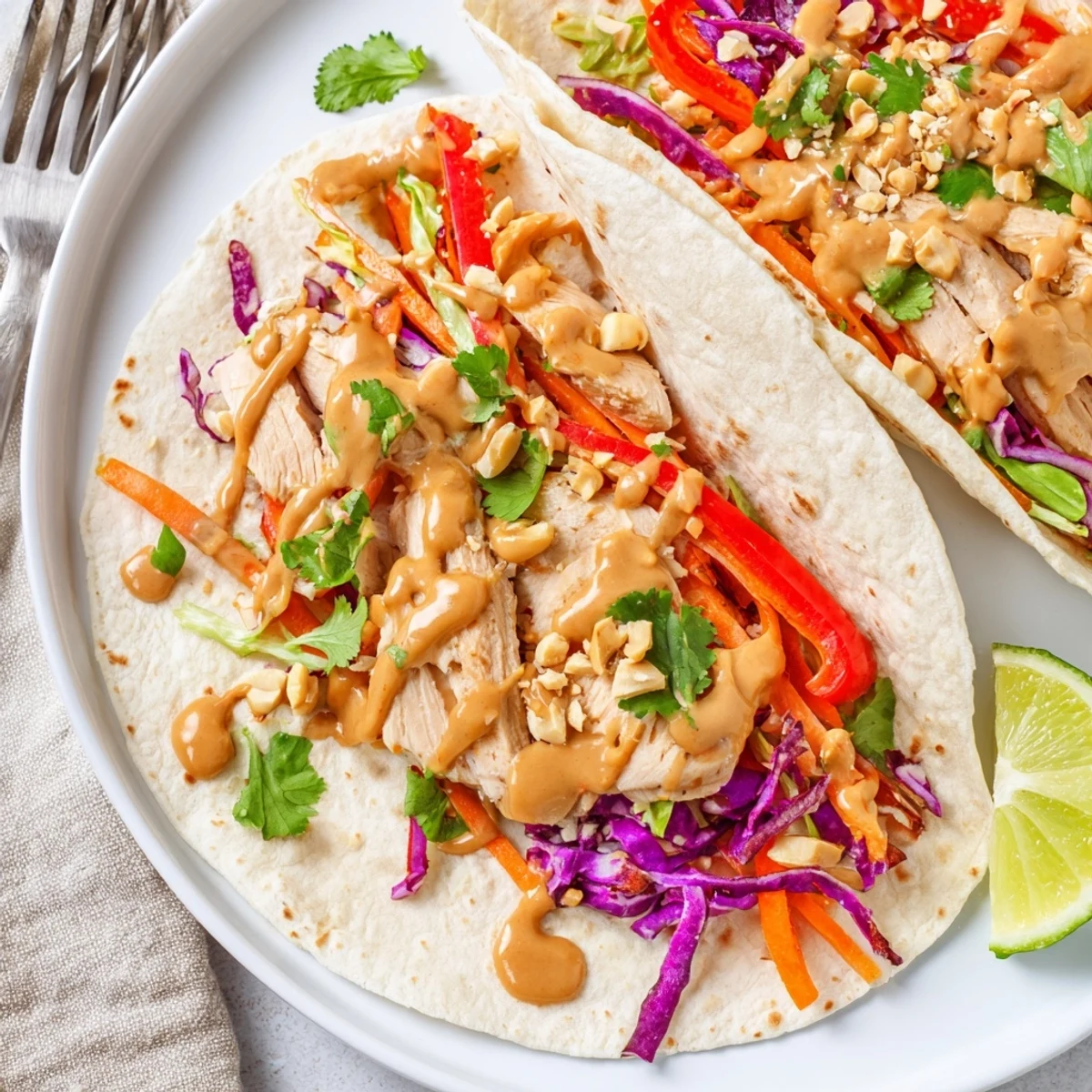 Warm Thai Peanut Chicken Wraps on cutting board, cilantro and lime garnish