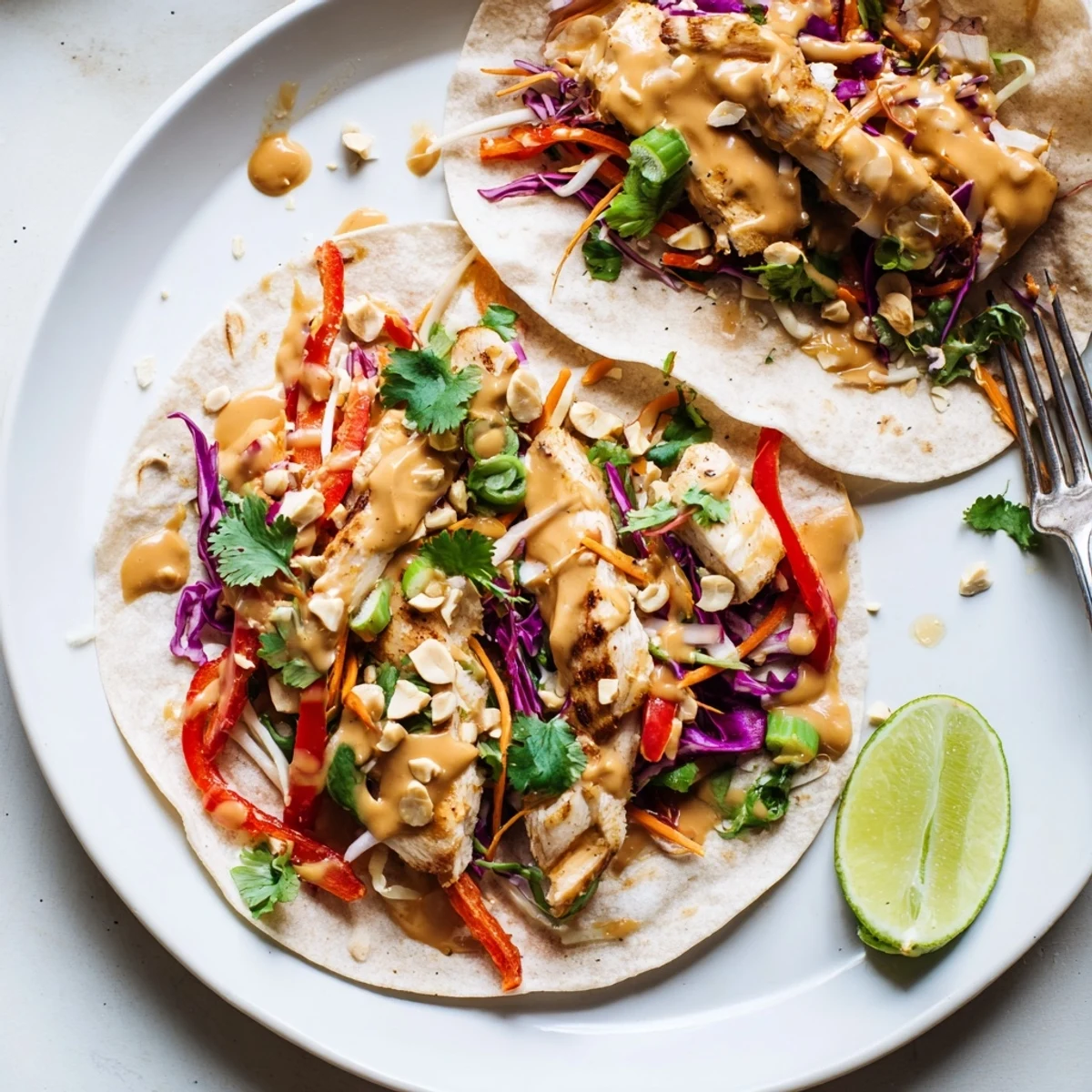Bright Thai Peanut Chicken Wraps drizzled with sauce, perfect for quick lunch
