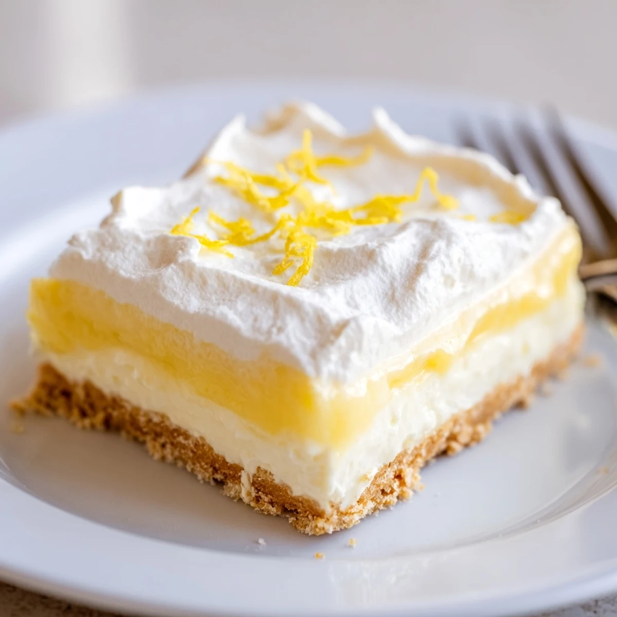 Lemon Lush Cake with creamy lemon layer, fluffy topping, chilled and sliced