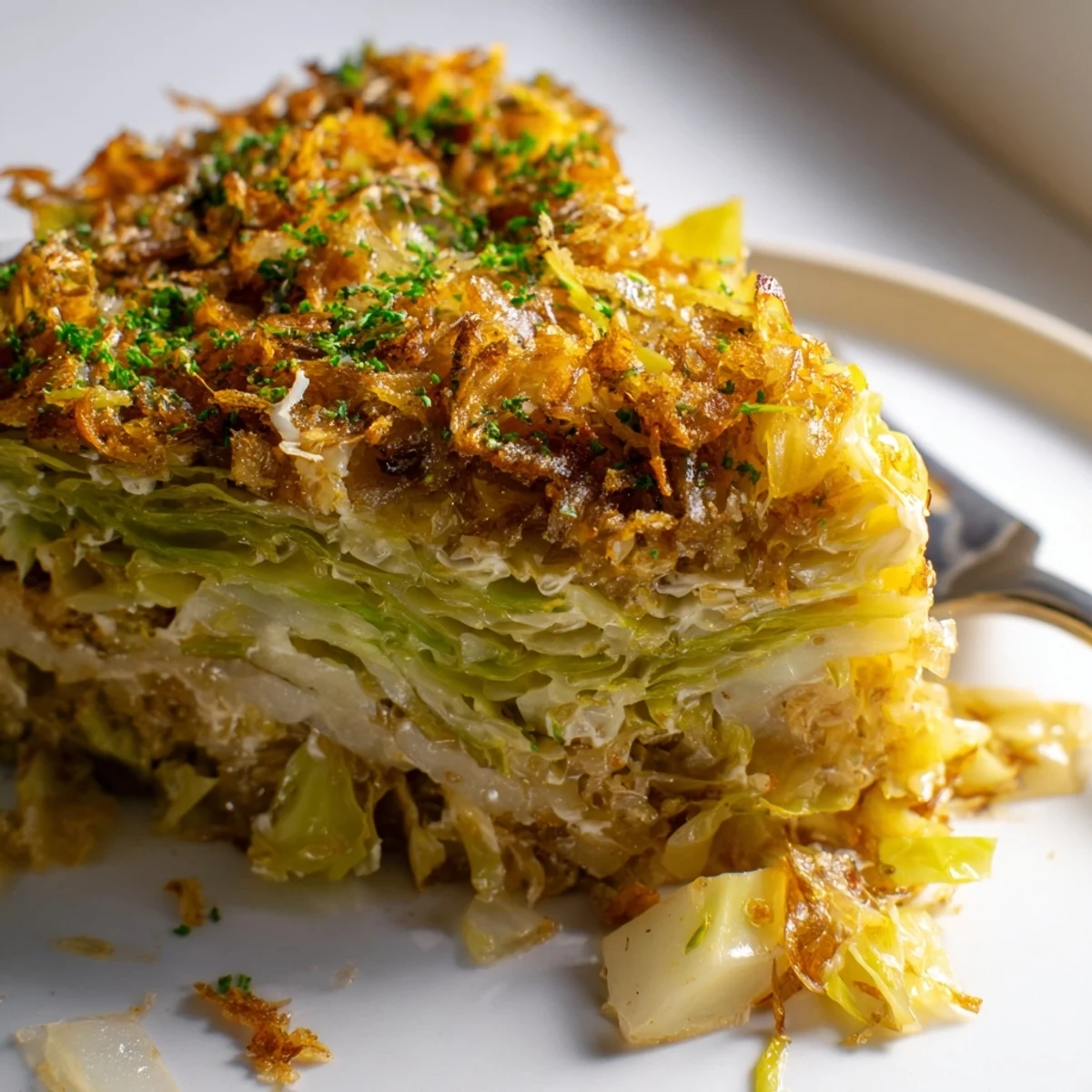 Slow Roasted Cabbage And Sauerkraut Casserole with golden breadcrumb crust, steaming.