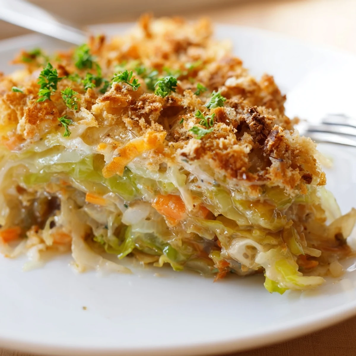 A bubbling Slow Roasted Cabbage And Sauerkraut Casserole, tender layers, herb-scented.