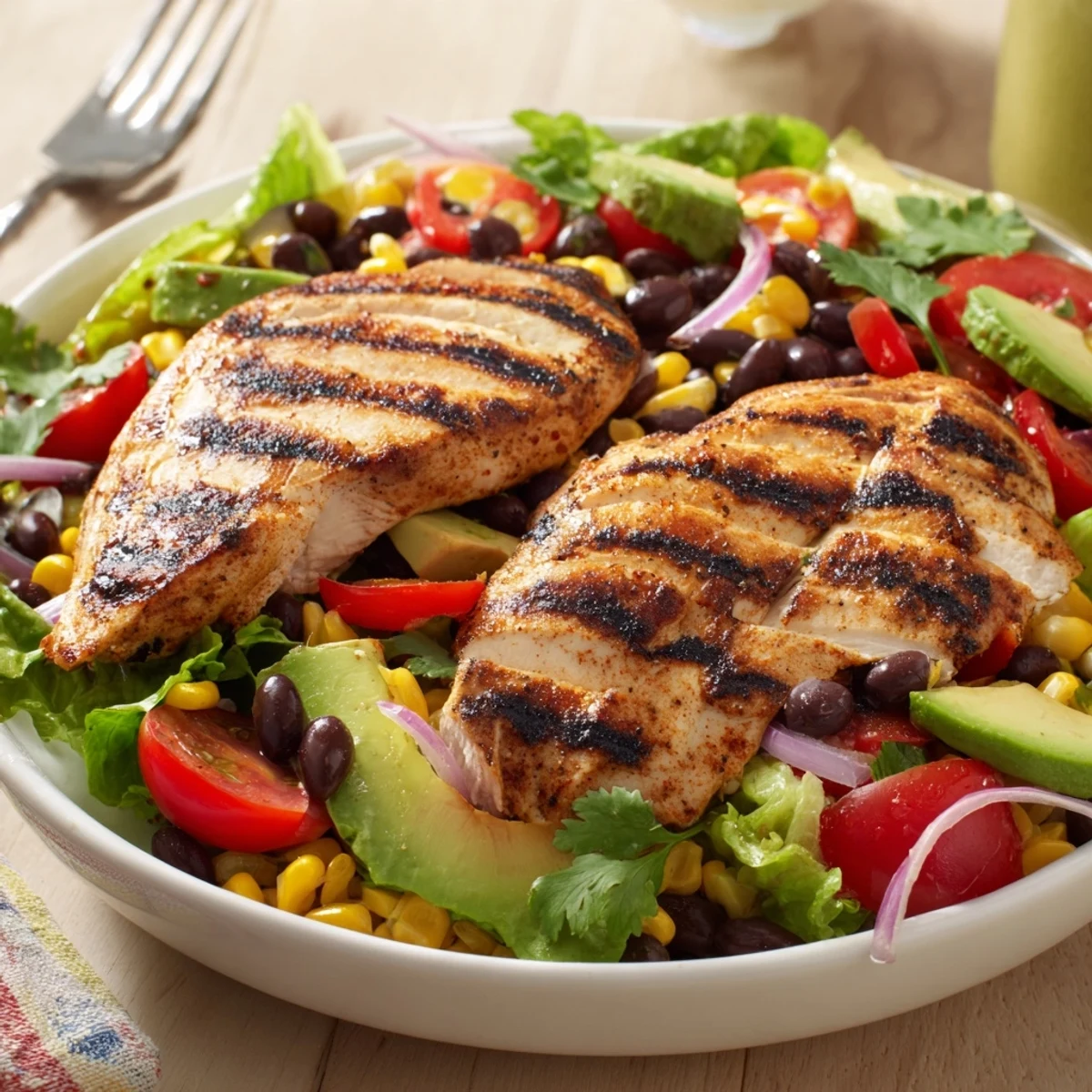 Southwestern Chicken Salad with juicy grilled chicken, roasted corn, and zesty lime dressing