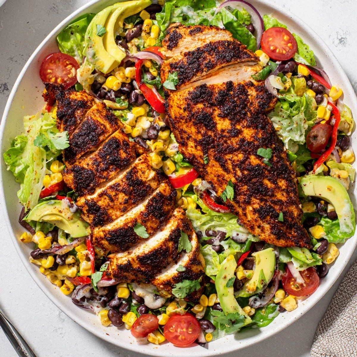 A bowl of Southwestern Chicken Salad topped with sliced avocado, cilantro, and charred corn