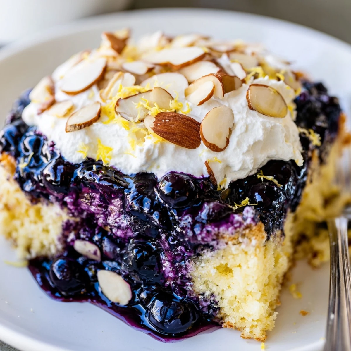 Zesty Lemon Blueberry Poke Cake With Almond Topping, moist with glossy blueberry sauce