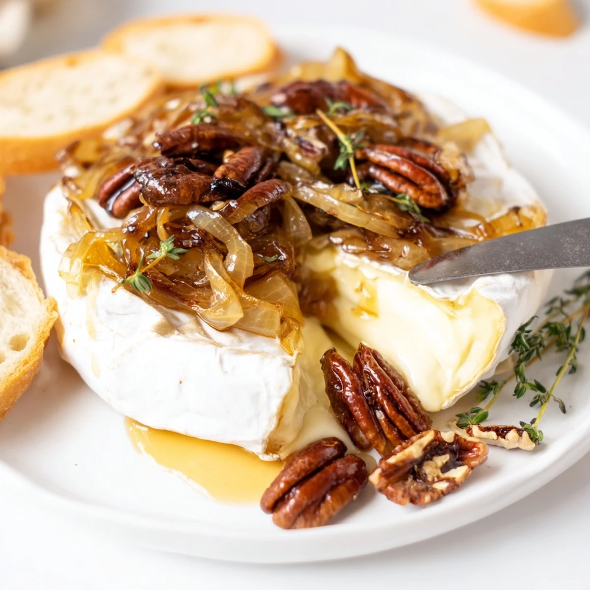 Baked Brie With Caramelized Onions And Pecans melting with toasted baguette  