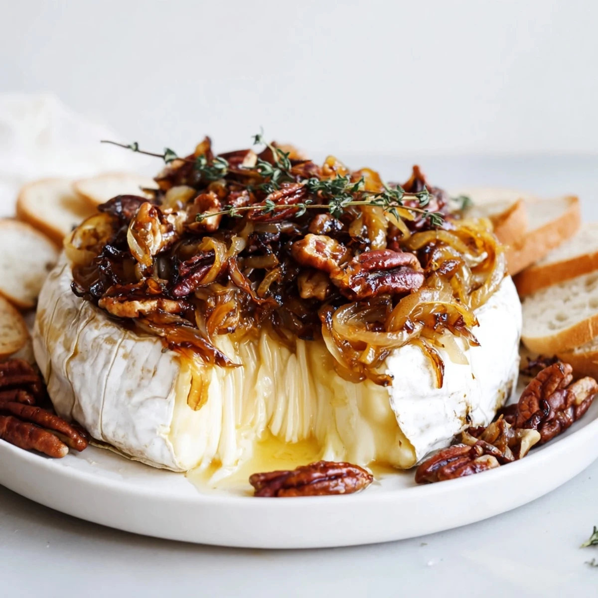 A crowd-pleasing Baked Brie With Caramelized Onions And Pecans, honey drizzle optional