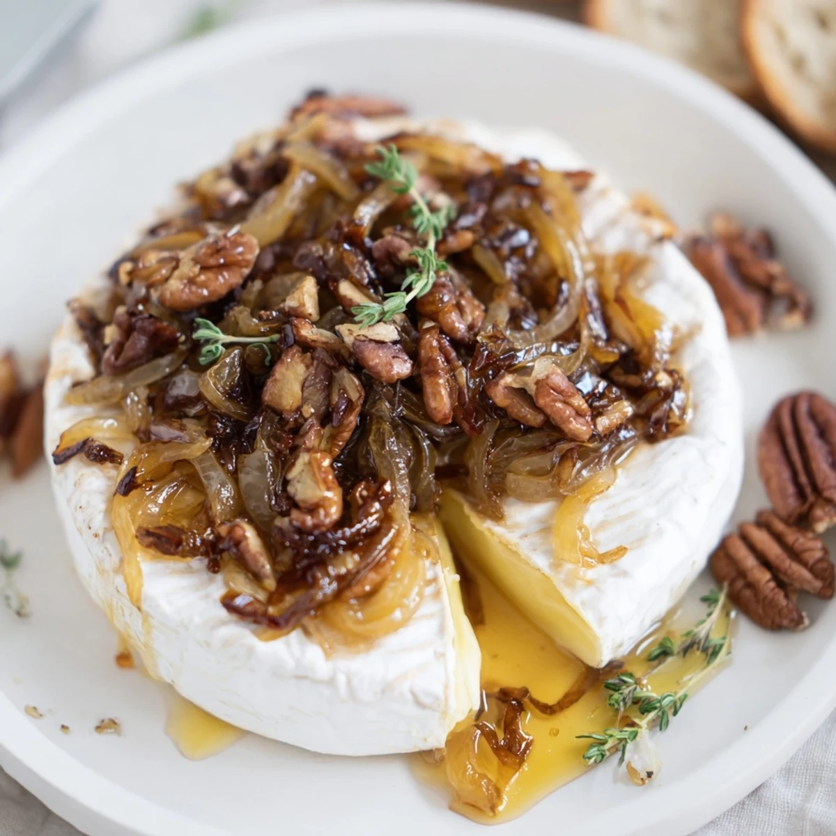 Fragrant Baked Brie With Caramelized Onions And Pecans oozing creamy center  